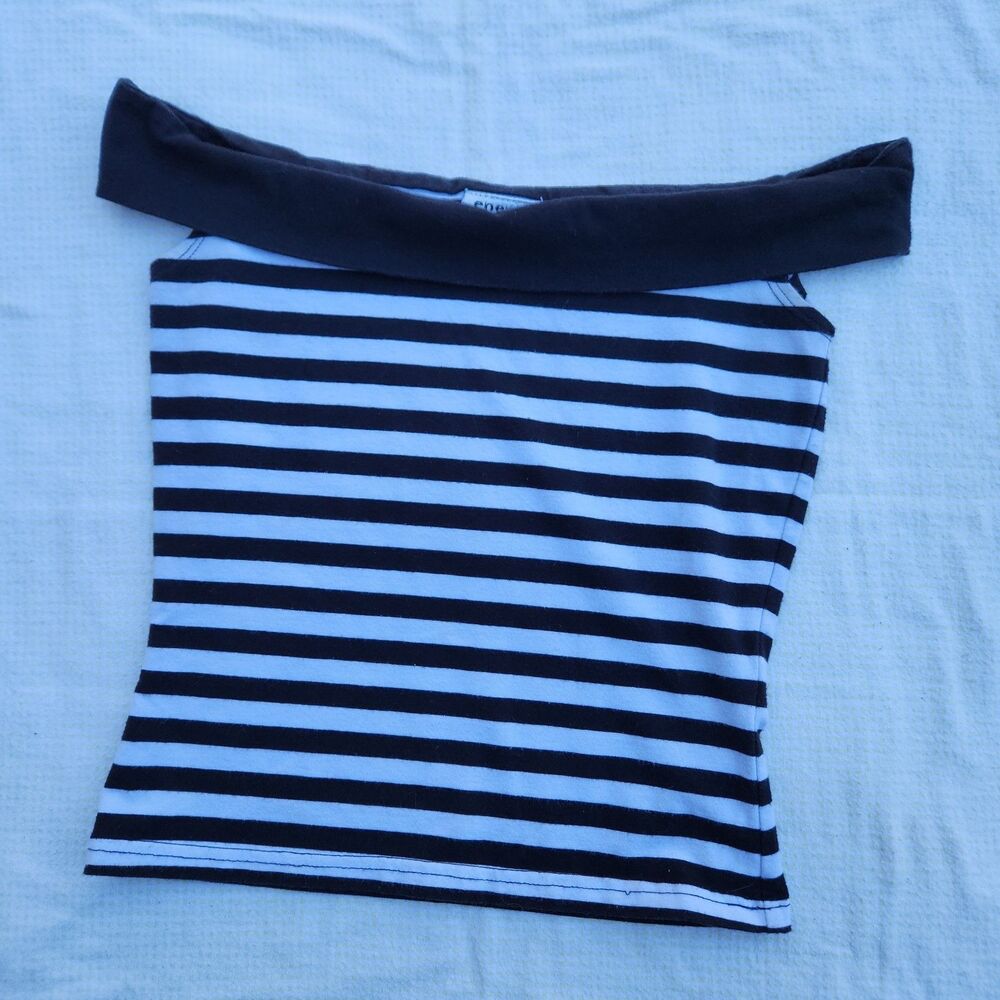 VTG Y2K Energie Striped Off The Shoulder Foldover Top Black White Size S Knit